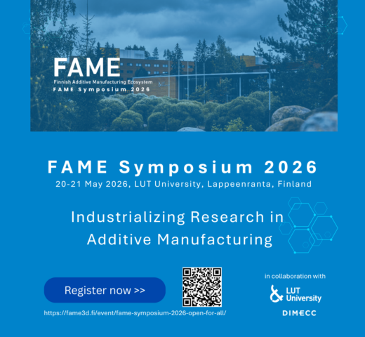 FAME Symposium -mainos, jossa sinisellä pohjalla kuva LUT-yliopistosta perustiedot tapahtumasta.tiedot