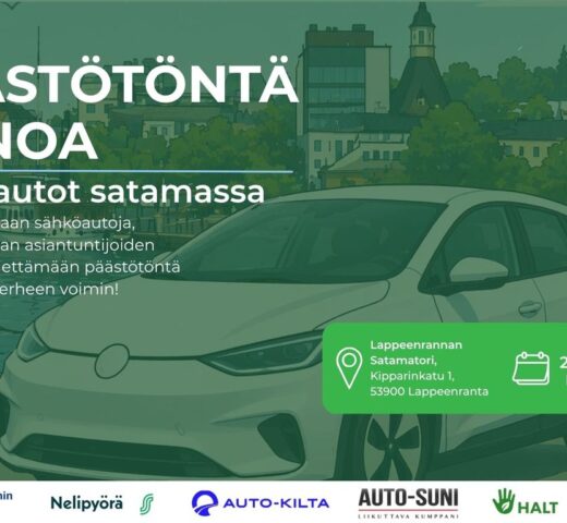 Päästötöntä menoa tapahtumamainos. Alla hankelogoja.