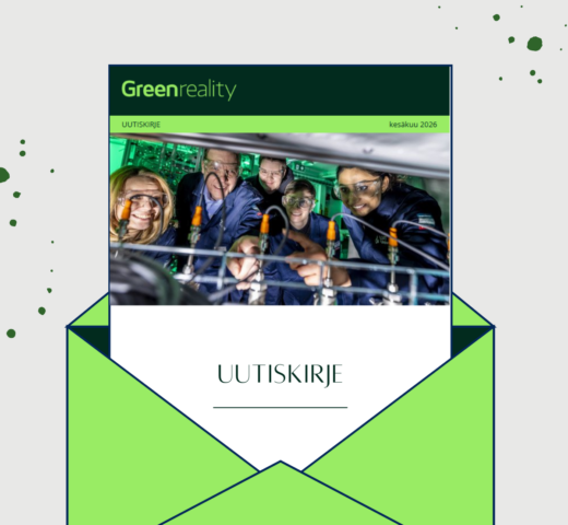 Kuva Greenreality-uutiskirjeestä, joka tulee esiin kirkkaanvihreästä kirjekuoresta. Uutiskirjeen yläkuvassa iloisia kasvoja.